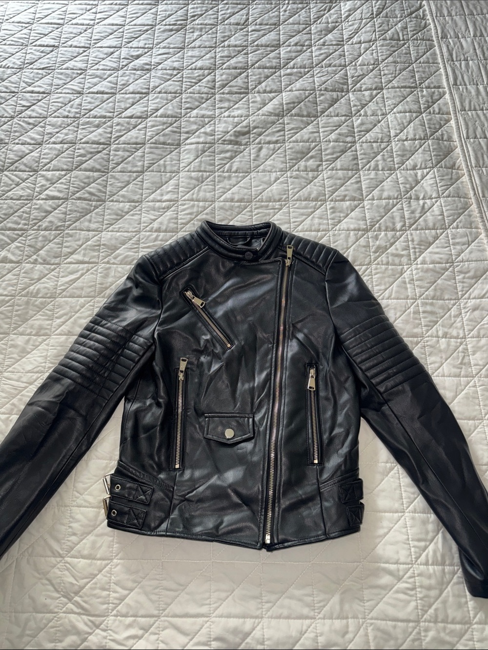 Zara Black Quilted Sleeve Leather Biker Jacket